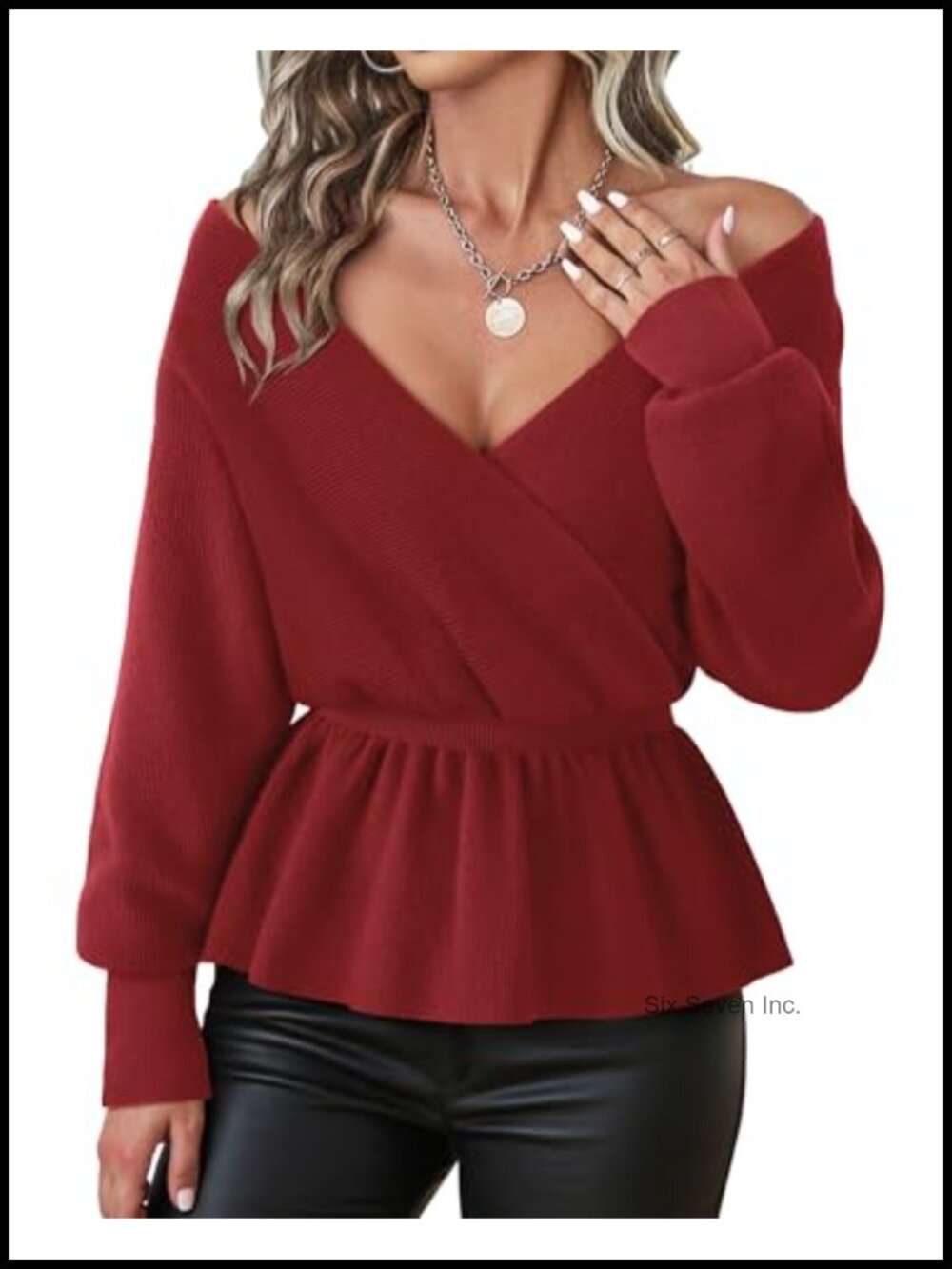 Womens Soft Knit Peplum Sweater Long Sleeve V Neck Wrap Pullover Top